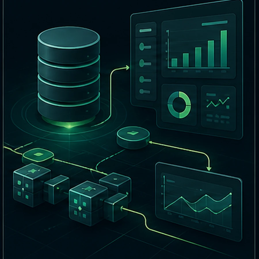 Database, reporting dashboard, and data pipeline illustration